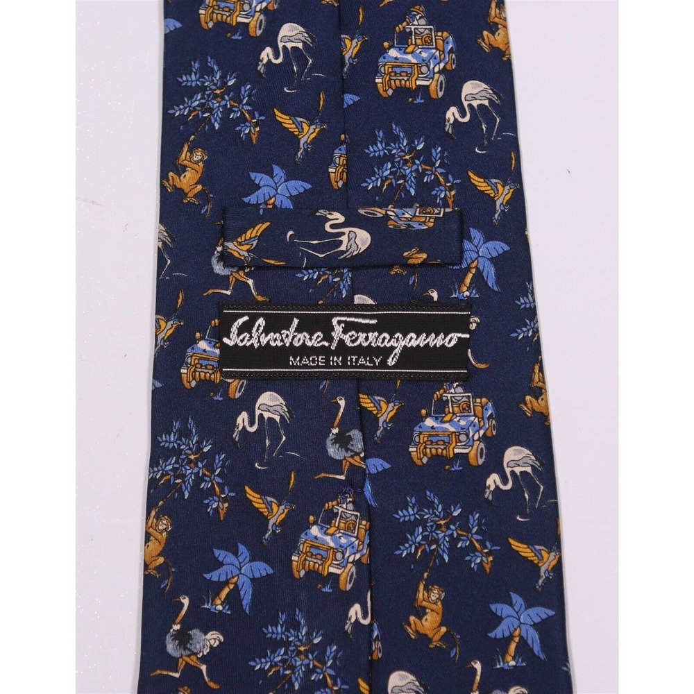 Salvatore Ferragamo Blue Safari Flamingo Monkeys Silk Necktie Tie - Picture 5 of 7
